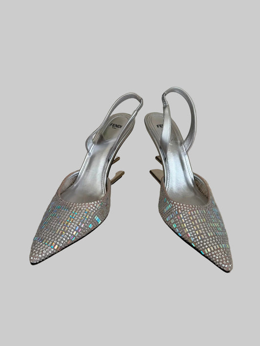 Authentic FENDI Roma Silver Crystal Slingback Pumps Size IT 39 Sculptural Metal Heel
