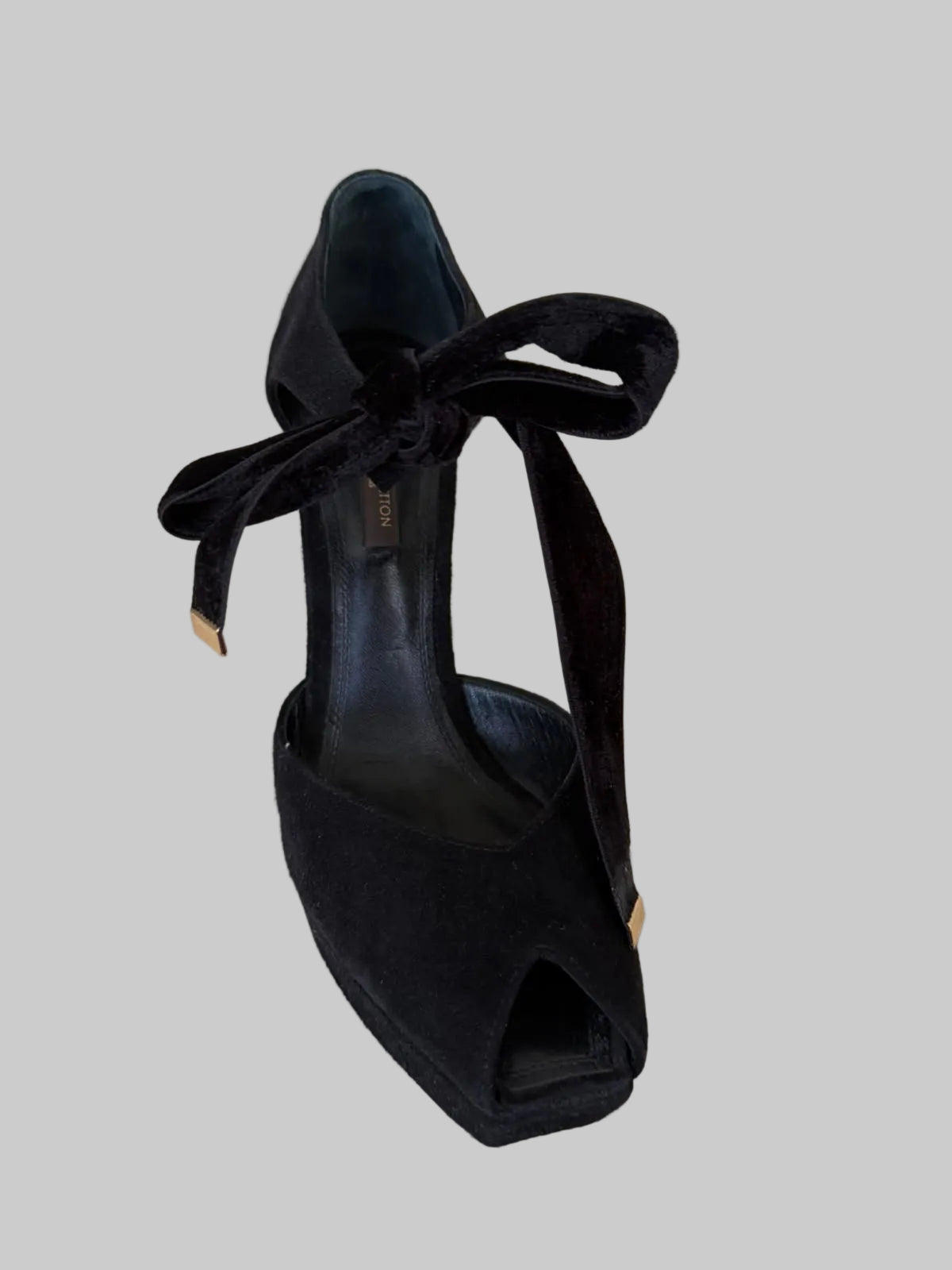 Authentic LOUIS VUITTON Black Suede Pearl Heel Platform Pumps with Velvet Ankle Ties EU 38 Made in Italy