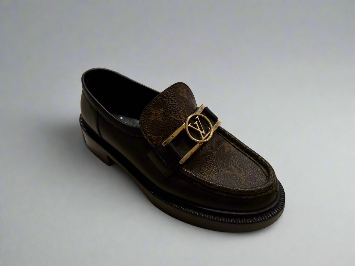 Louis Vuitton Monogram Loafers Size 38 – Black Leather and Monogram Canvas, Gold-Tone Hardware, Made in Italy