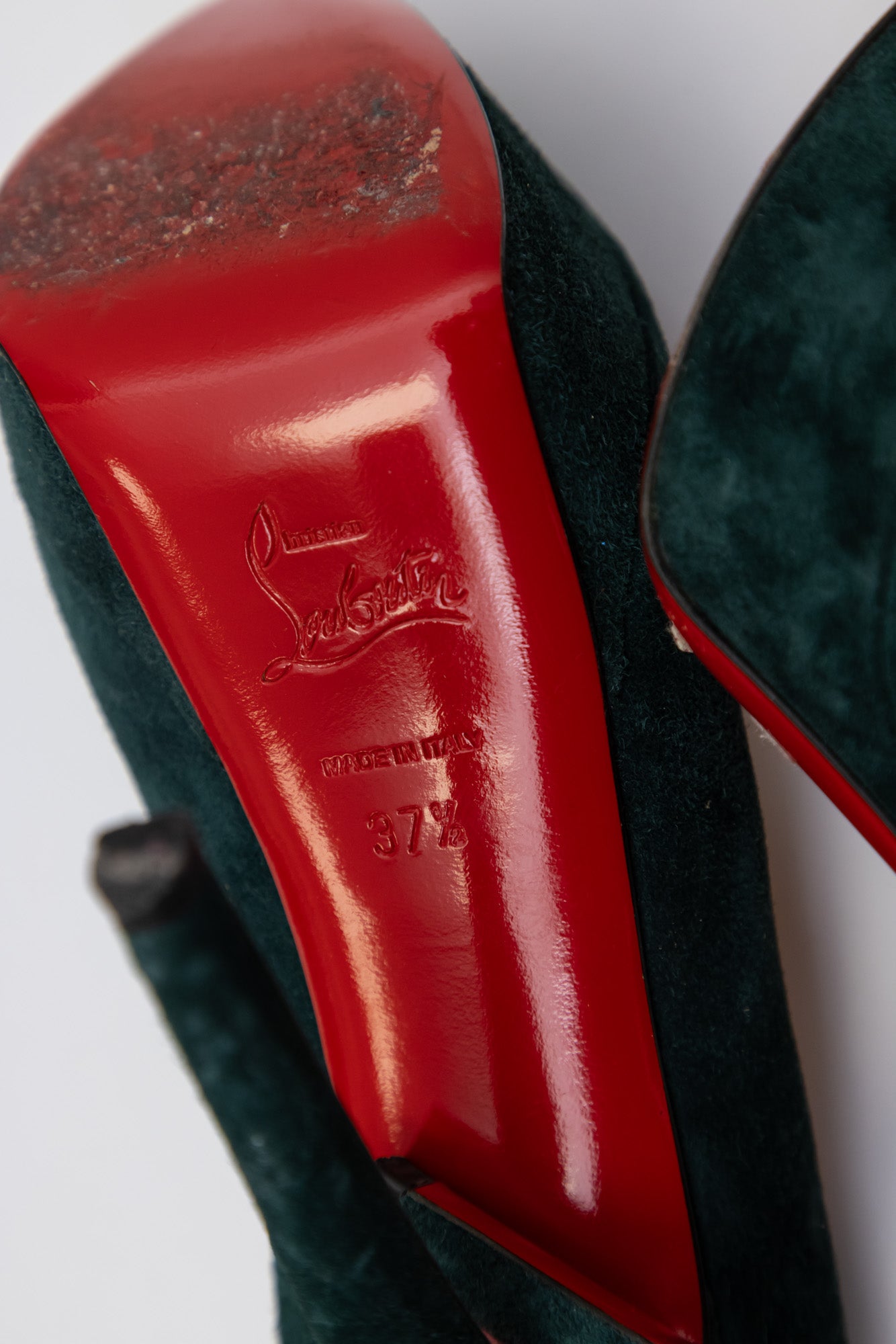 CHRISTIAN LOUBOUTIN Green Suede Red Bottom Open-Toed Pumps