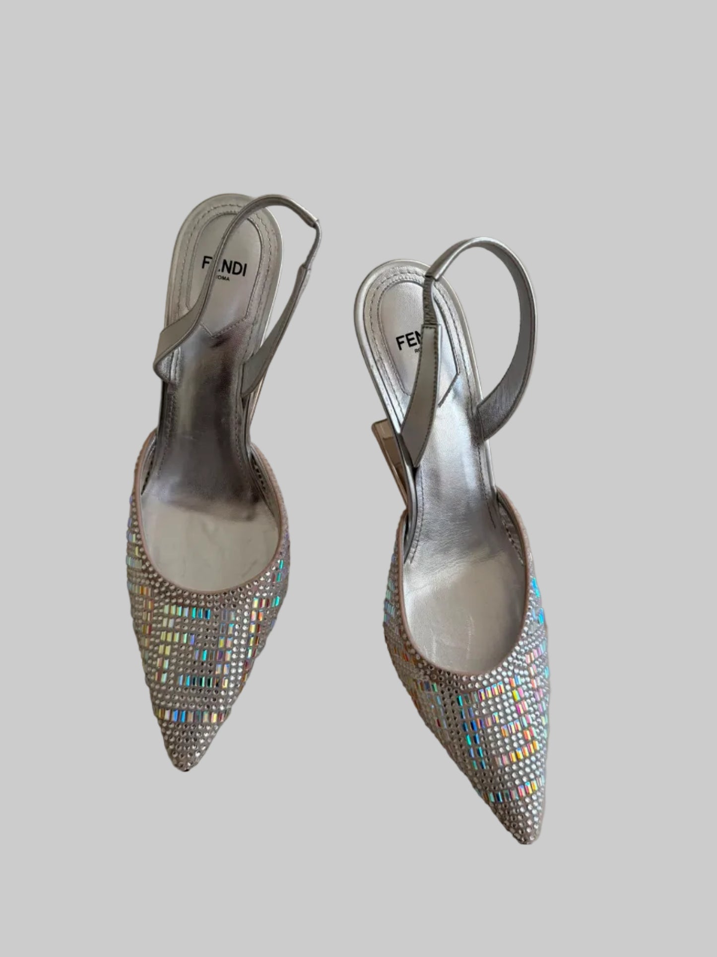 Authentic FENDI Roma Silver Crystal Slingback Pumps Sculptural Metal Heel Size IT 39 Excellent Condition