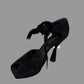 LOUIS VUITTON black suede pearl heel platform pumps with velvet ankle ties