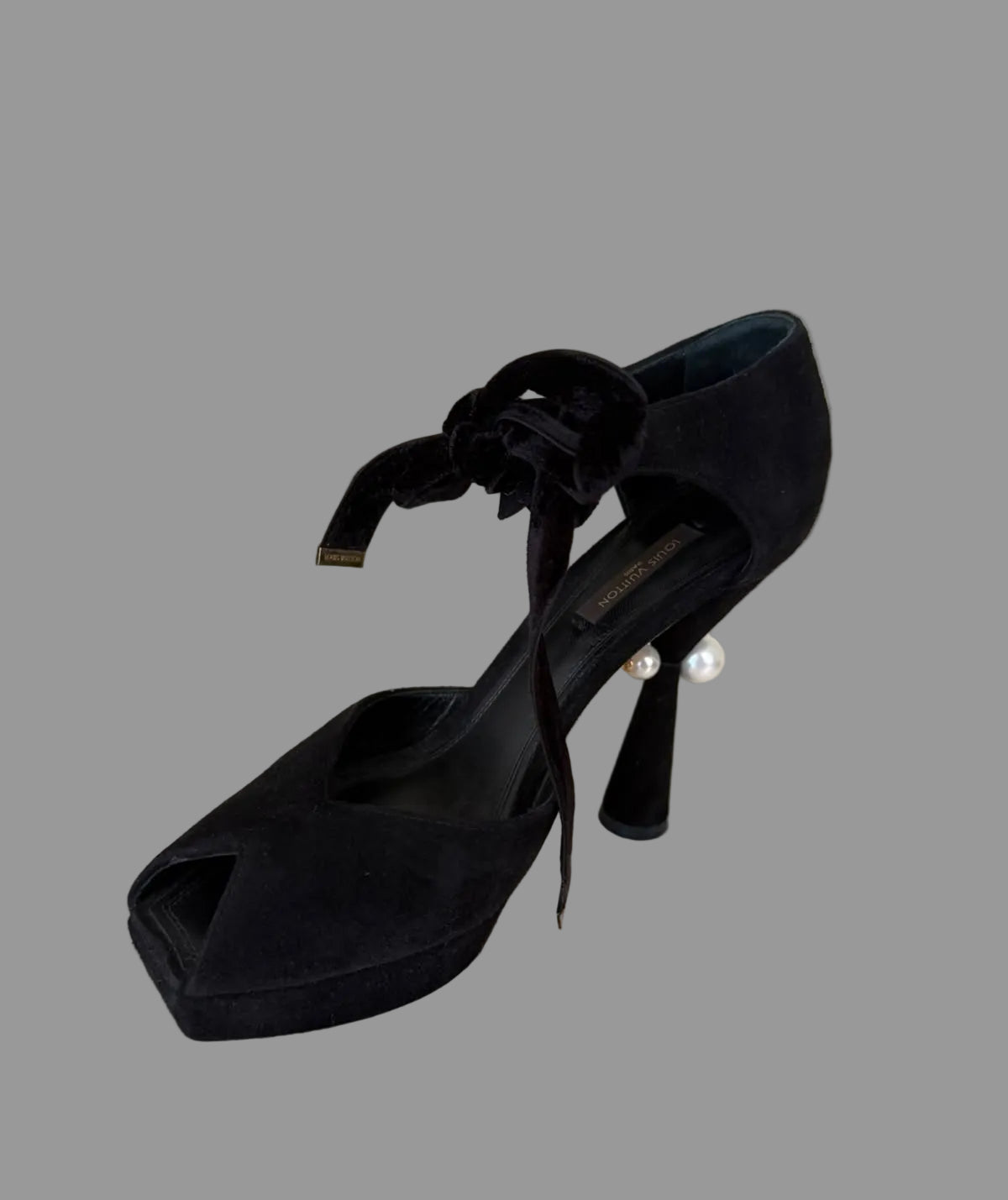 LOUIS VUITTON black suede pearl heel platform pumps with velvet ankle ties