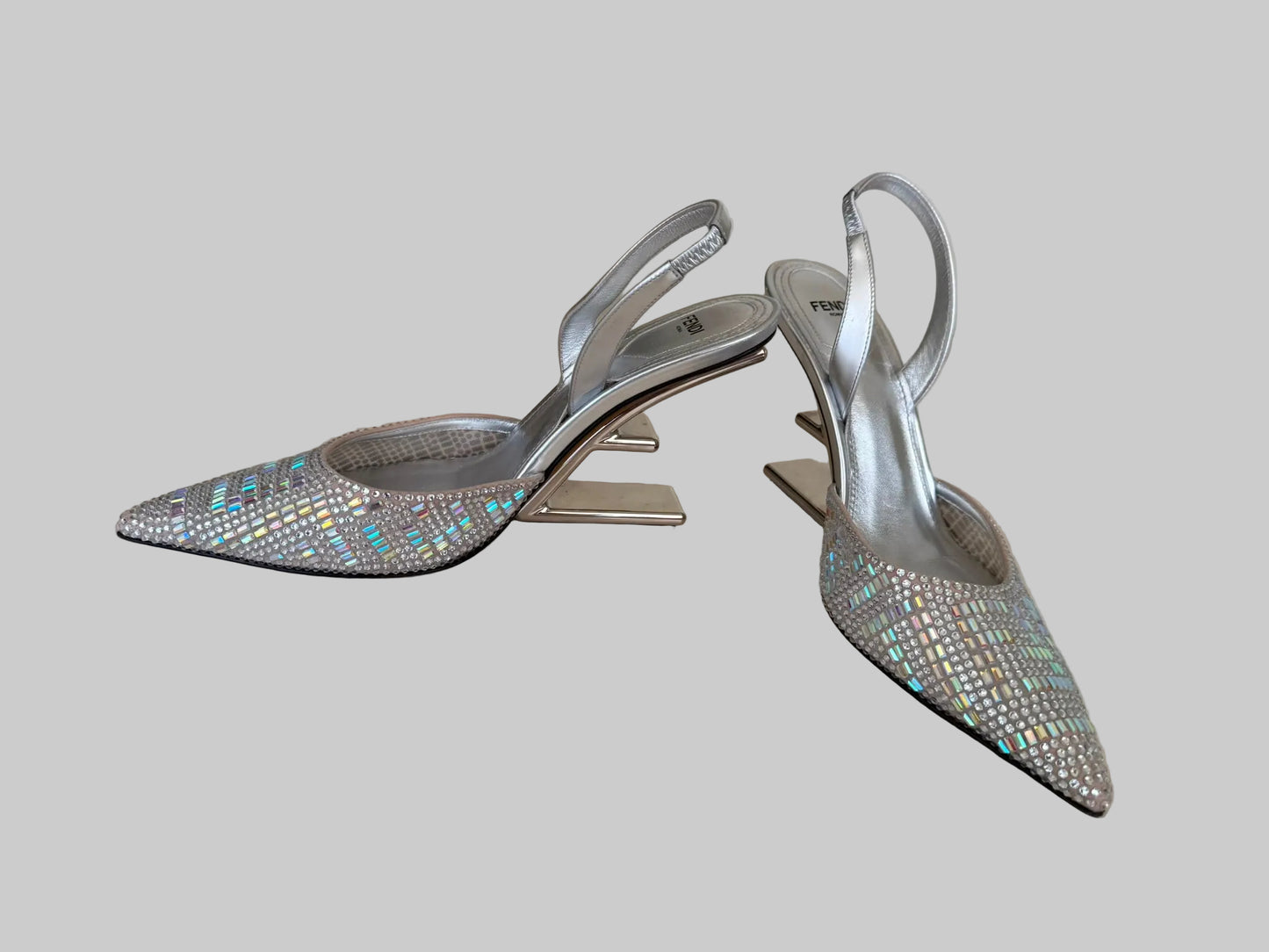 Authentic FENDI Roma Silver Crystal Slingback Pumps Size IT 39 Sculptural Metal Heel