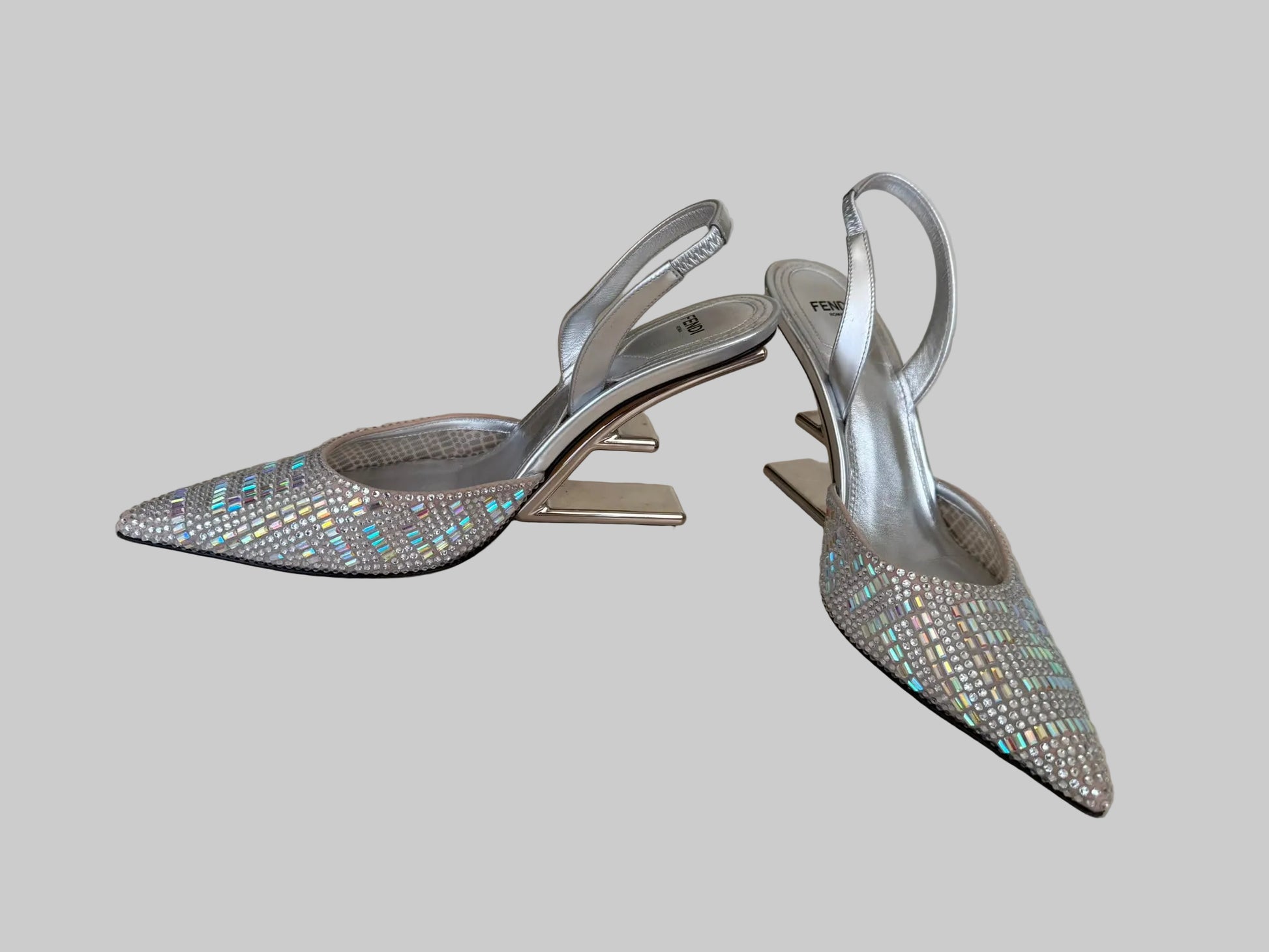 Authentic FENDI Roma Silver Crystal Slingback Pumps Size IT 39 Sculptural Metal Heel