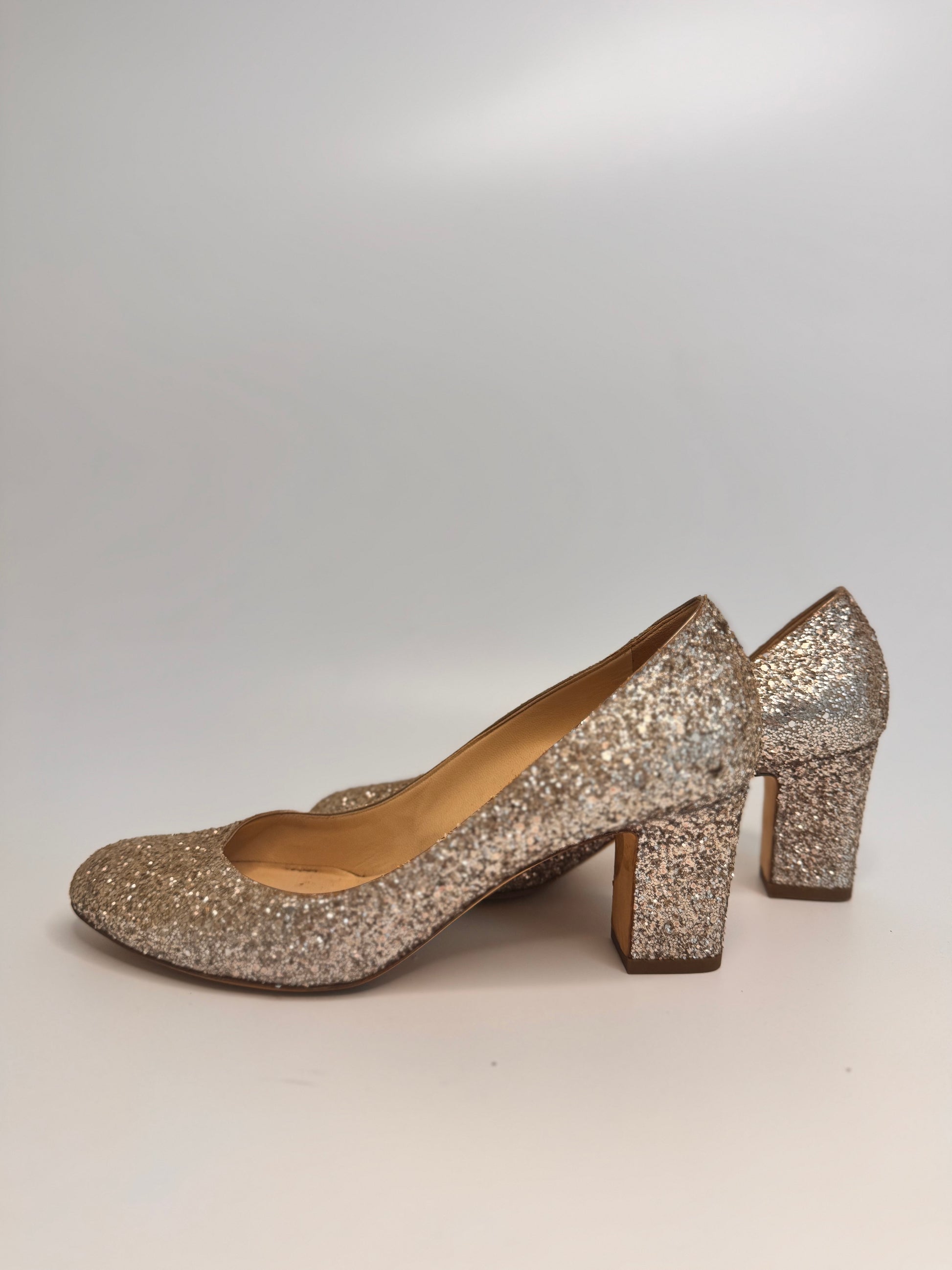 JIMMY CHOO Metallic Gold Coarse Glitter Billie Block Heel Pumps Size 38