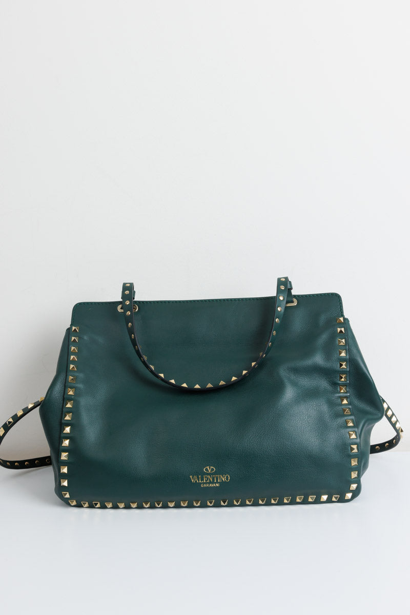 VALENTINO GARAVANI Rockstud Medium Tote Green Calf Leather