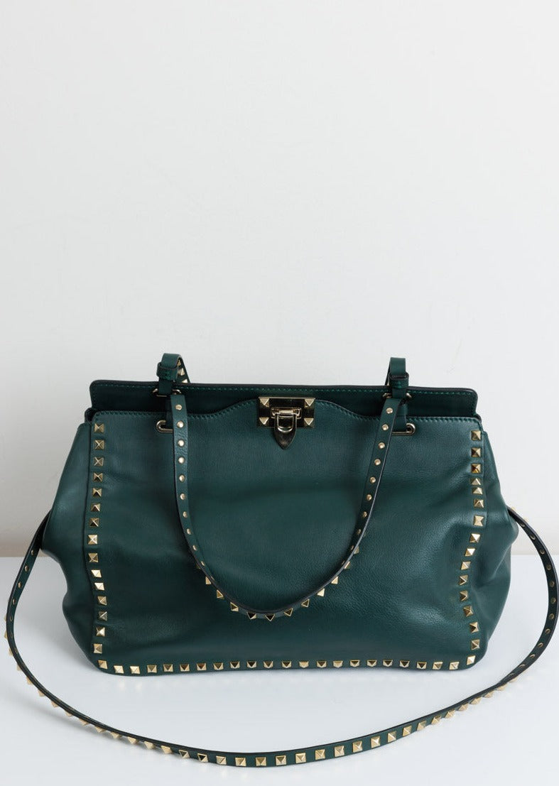 VALENTINO GARAVANI Rockstud Medium Tote Green Calf Leather