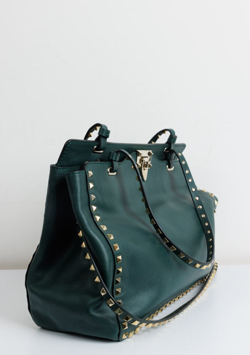 VALENTINO GARAVANI Rockstud Medium Tote Green Calf Leather