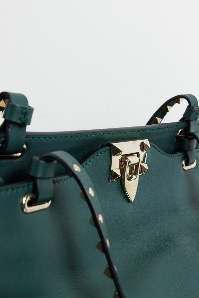 VALENTINO GARAVANI Rockstud Medium Tote Green Calf Leather