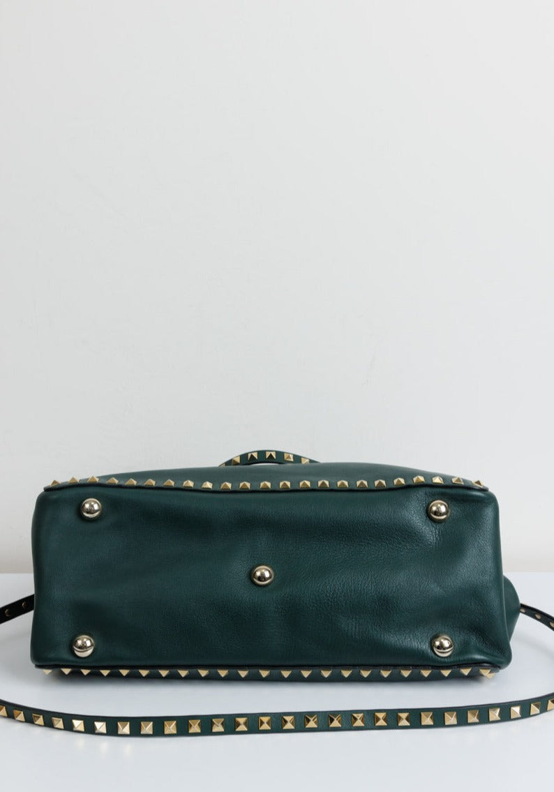 VALENTINO GARAVANI Rockstud Medium Tote Green Calf Leather