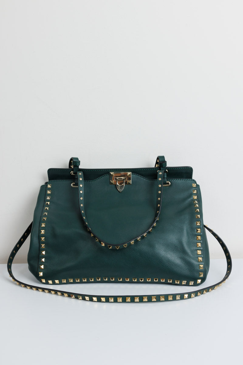 Italian Glamour: VALENTINO GARAVANI Rockstud Medium Tote Green Calf Leather