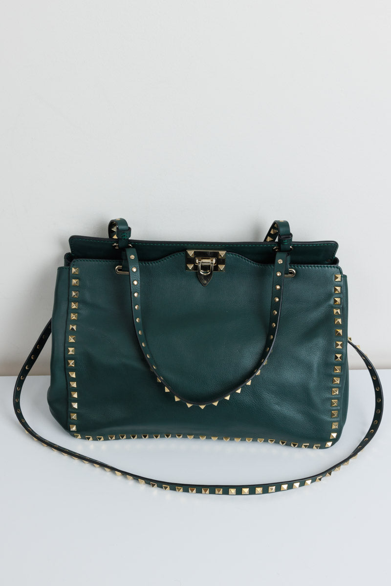 VALENTINO GARAVANI Rockstud Medium Tote Green Calf Leather