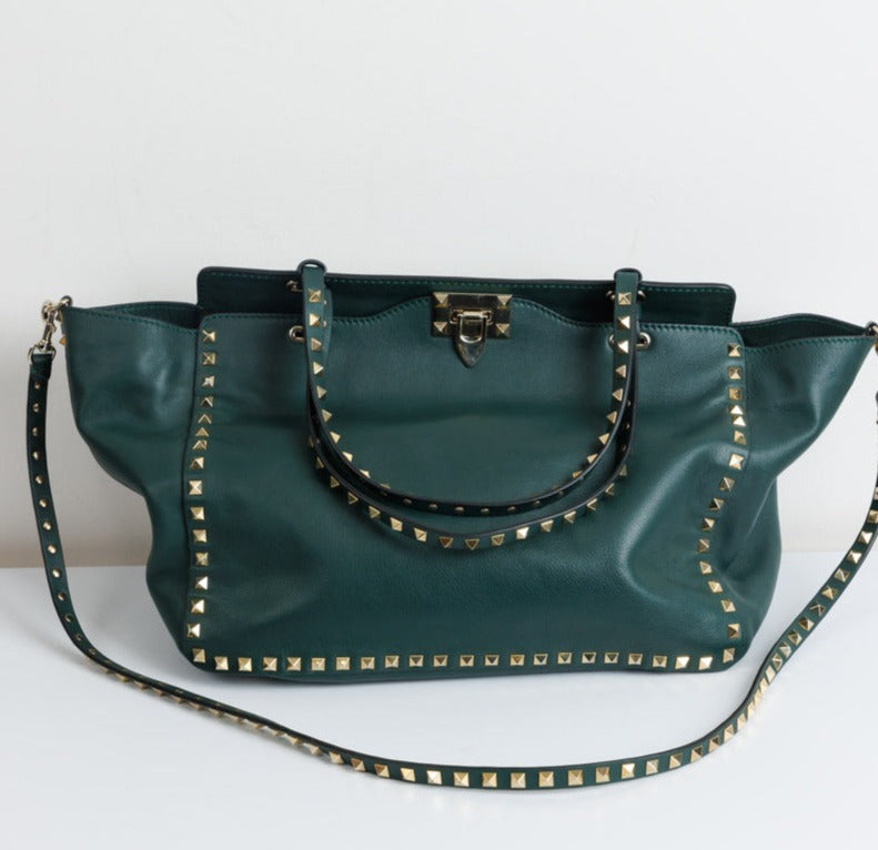 VALENTINO GARAVANI Rockstud Medium Tote Green Calf Leather