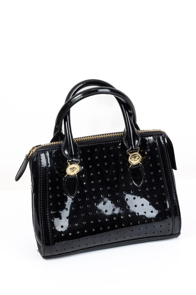 Young VERSACE Black Patent Leather Medusa Handbag for Girls | Made in Italy