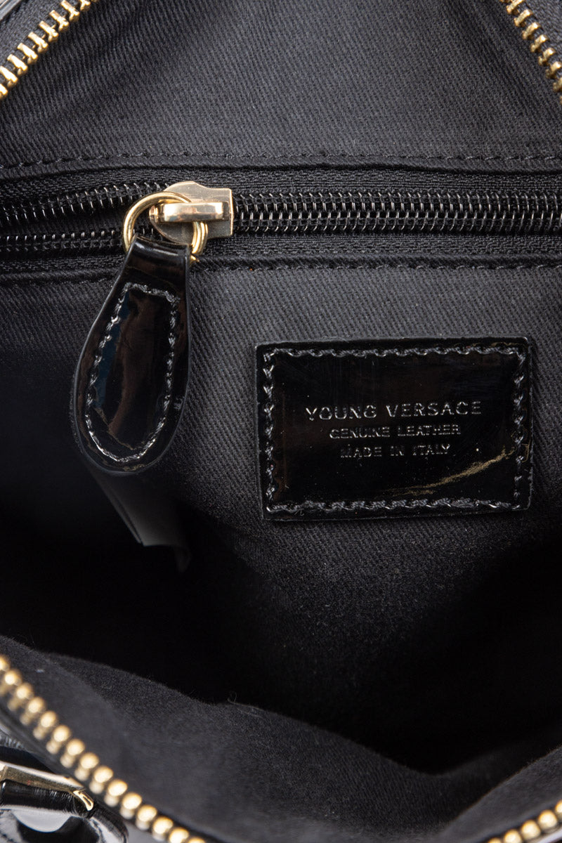 Young VERSACE Black Patent Leather Medusa Handbag for Girls