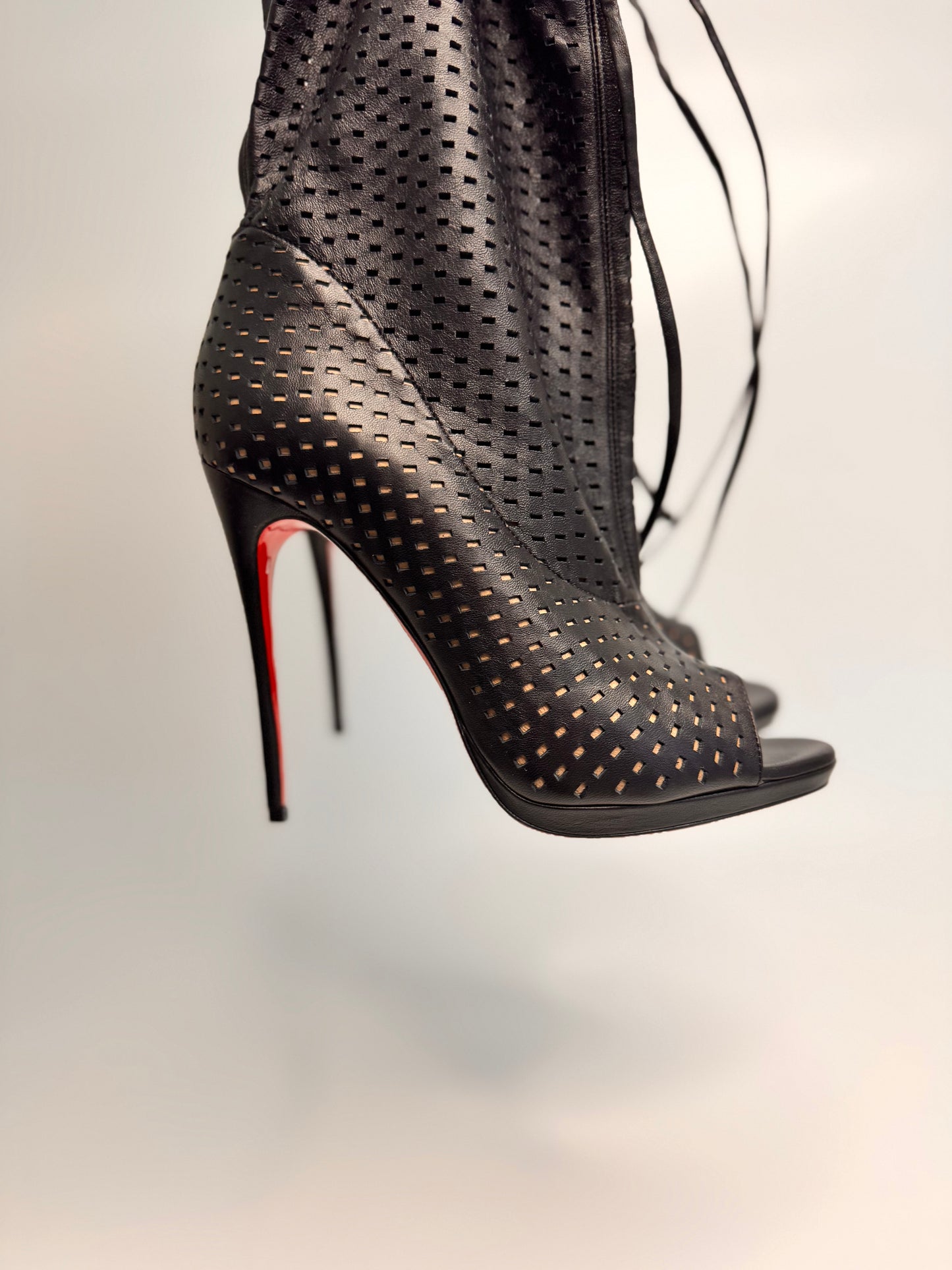 CHRISTIAN LOUBOUTIN Jennifer Perforated Black Leather Boots - New, Size 38