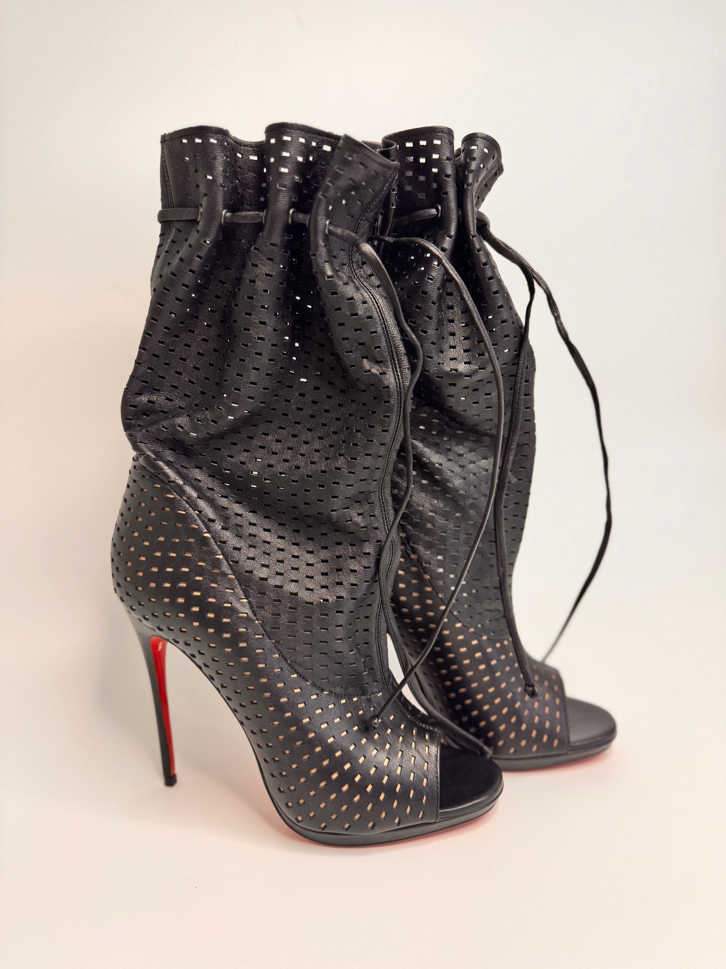 CHRISTIAN LOUBOUTIN Jennifer Perforated Black Leather Boots - New, Size 38