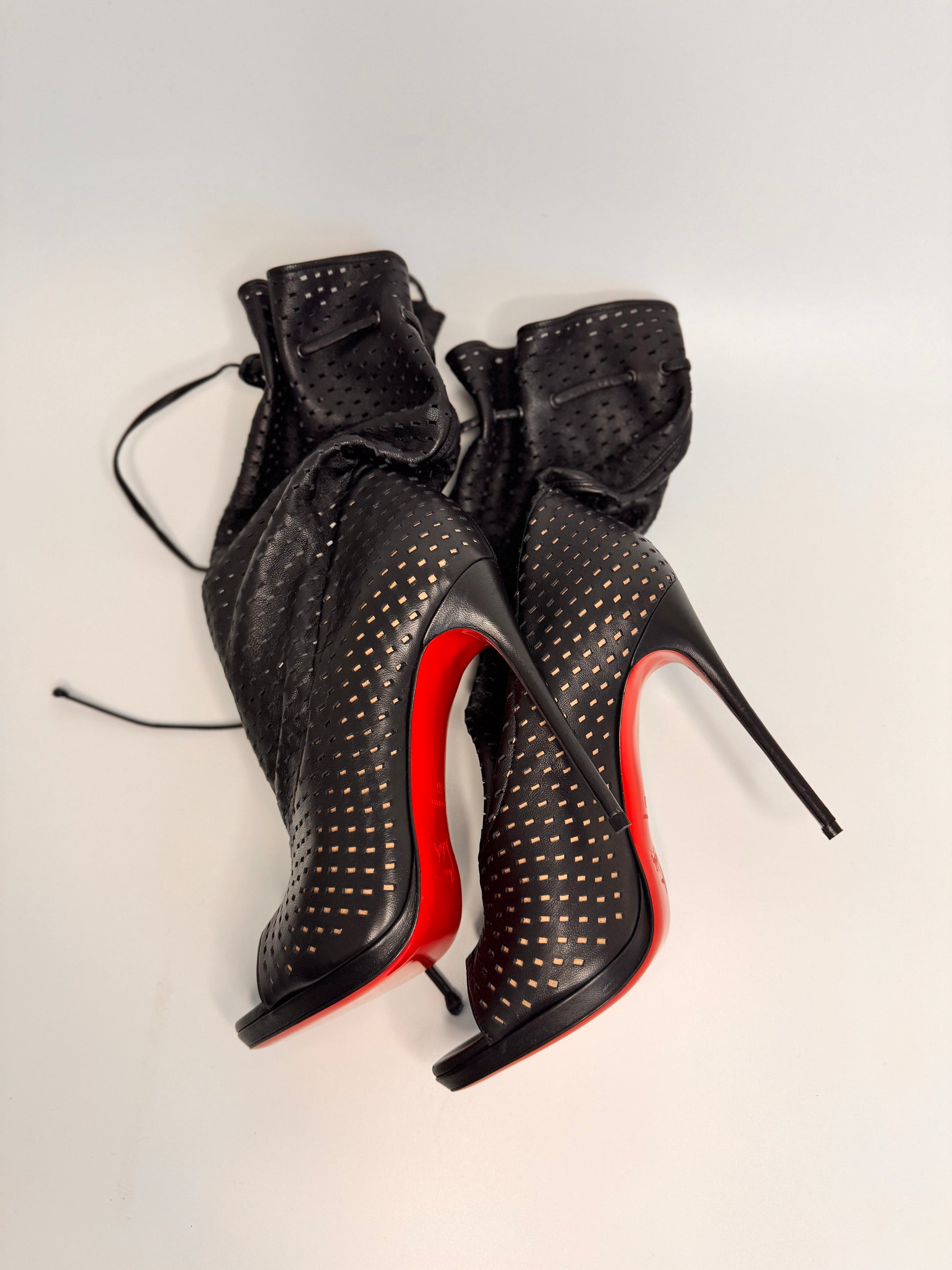 CHRISTIAN LOUBOUTIN Jennifer Perforated Black Leather Boots - New, Size 38