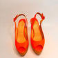 CHRISTIAN LOUBOUTIN Neon Orange Leather Une Plume Cork Wedge Platform Peep Toe Slingback Sandals Size 38