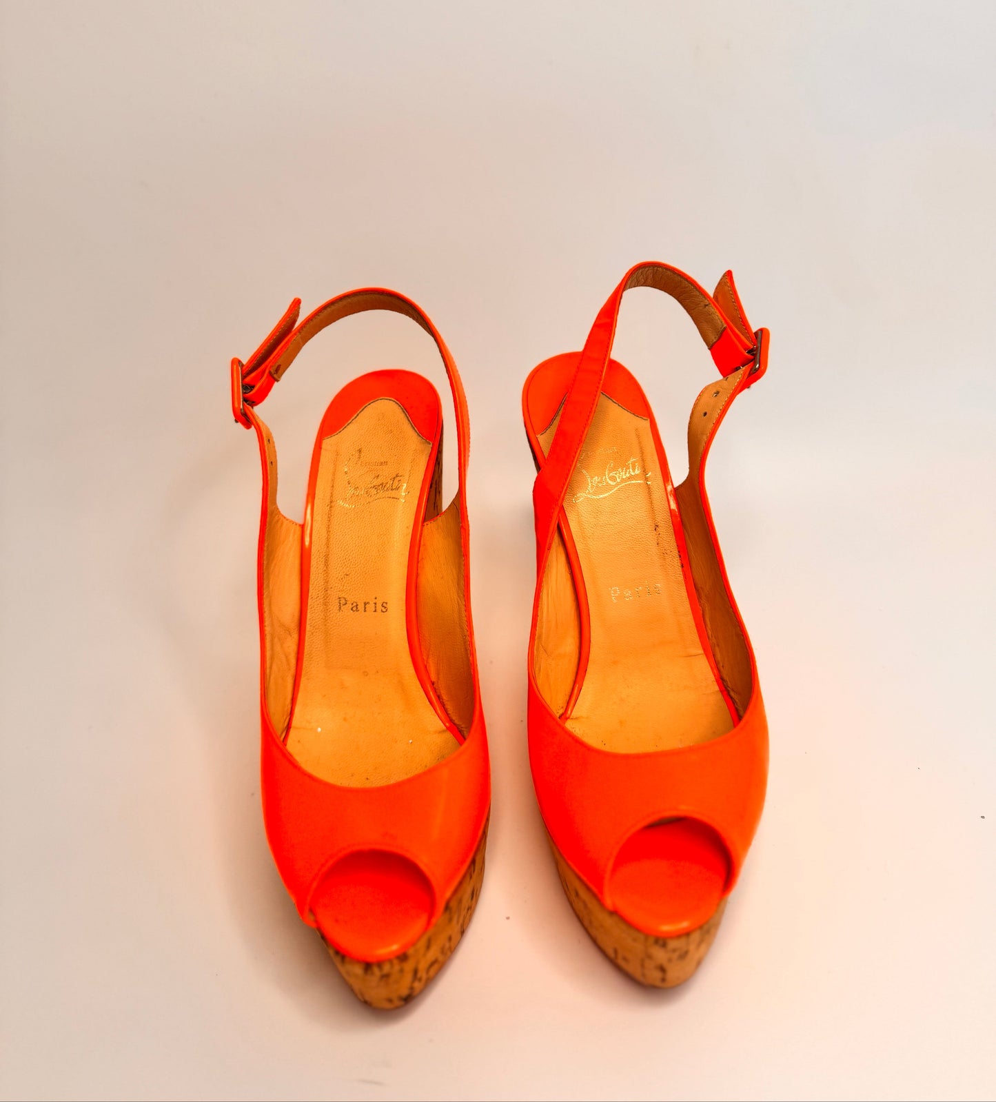 CHRISTIAN LOUBOUTIN Neon Orange Leather Une Plume Cork Wedge Platform Peep Toe Slingback Sandals Size 38