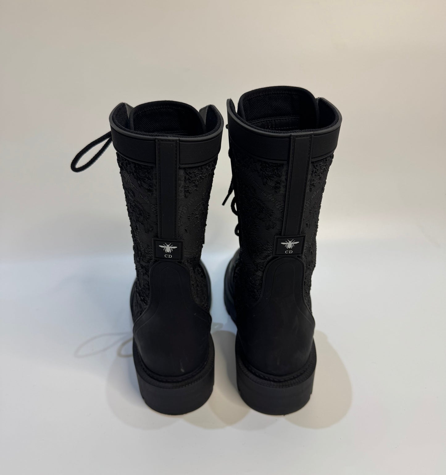 CHRISTIAN DIOR Black Lace Rubber Combat Boots - Size 38 | Excellent Condition