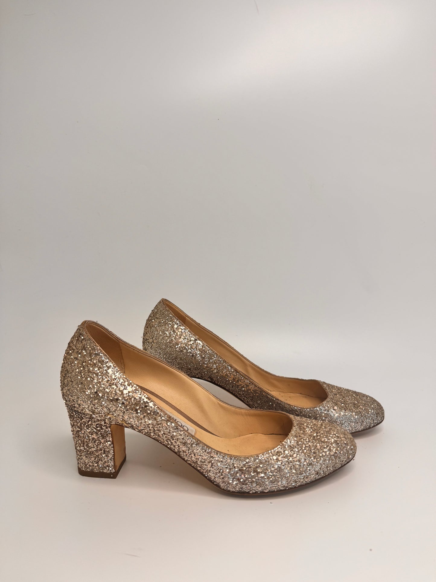 JIMMY CHOO Metallic Gold Coarse Glitter Billie Block Heel Pumps Size 38