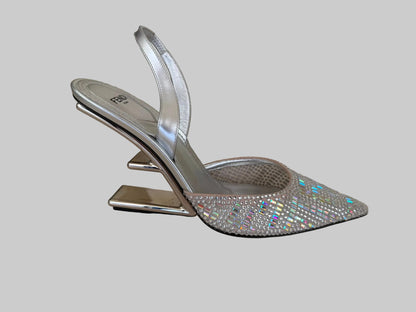 Authentic FENDI Roma Silver Crystal Slingback Pumps Size IT 39 Sculptural Metal Heel