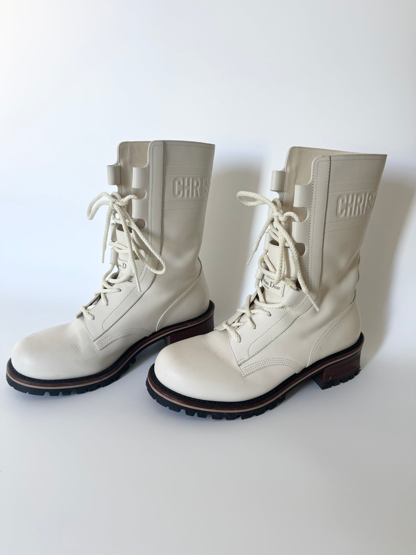 Christian Dior Off-White Cream Leather Lace-Up Tall Boots Size 38 – Italian Elegance