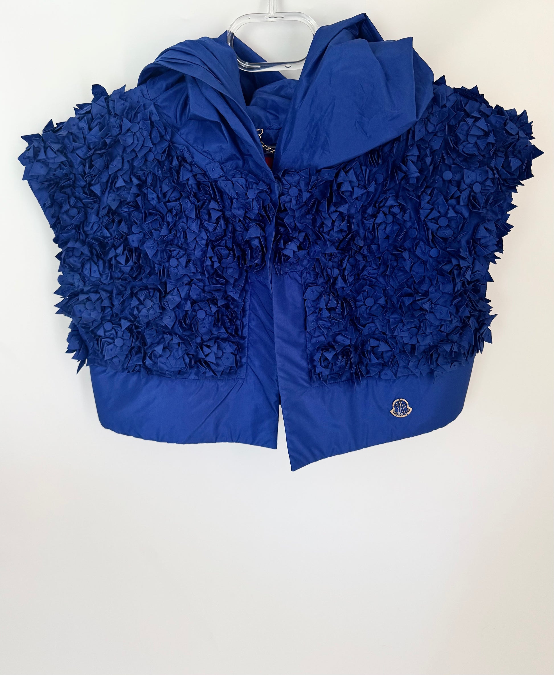 MONCLER Flower Detailed Silk Vest Jacket with Hood in Blue, Size 1 - Very Good Condition