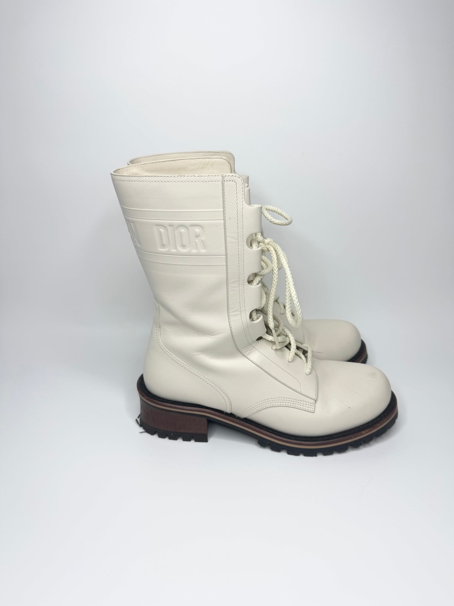 Christian Dior Off-White Cream Leather Lace-Up Tall Boots Size 38 – Italian Elegance