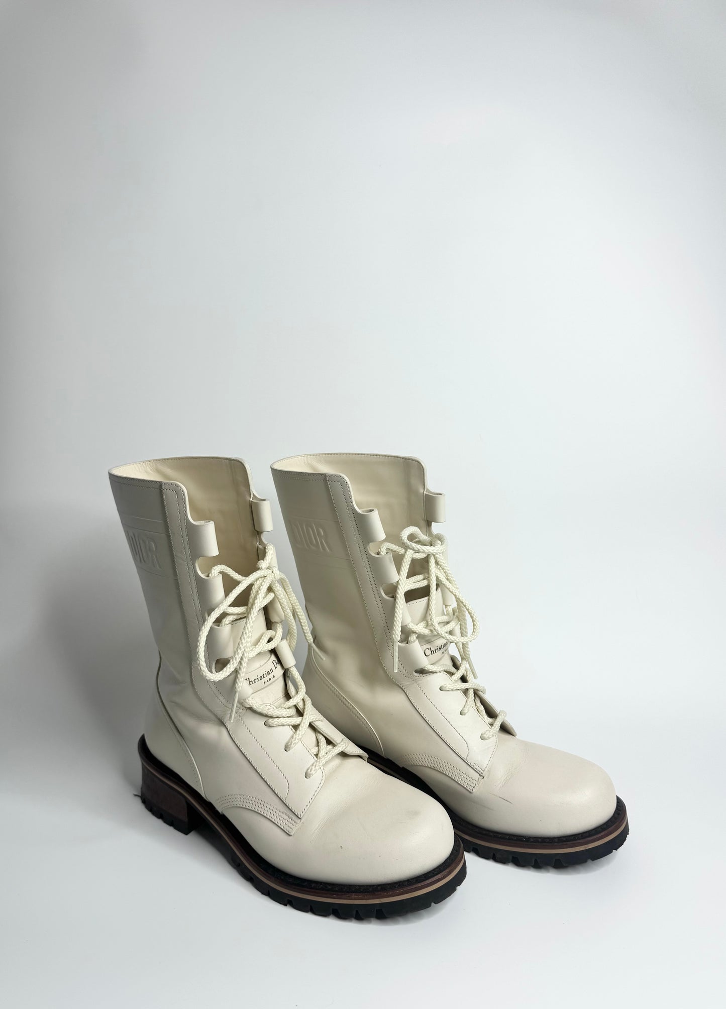 Christian Dior Off-White Cream Leather Lace-Up Tall Boots Size 38 – Italian Elegance