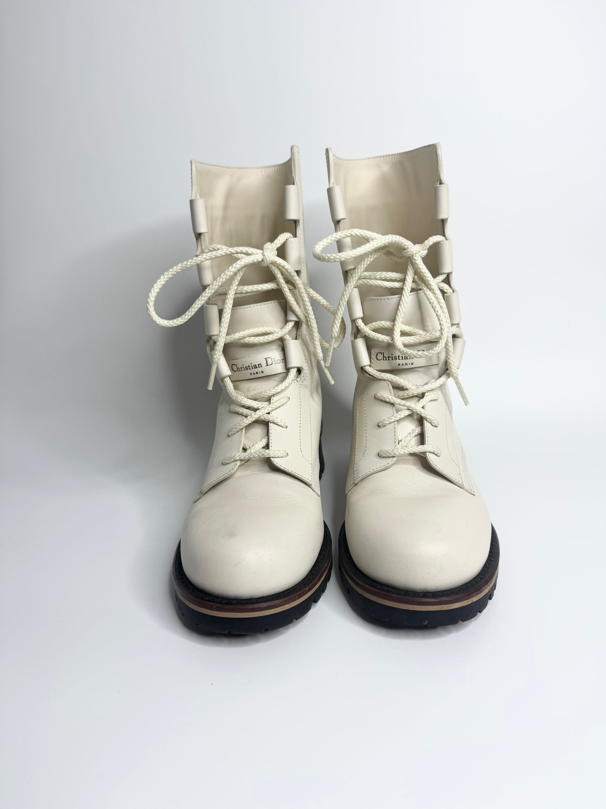 Christian Dior Off-White Cream Leather Lace-Up Boots Size 38