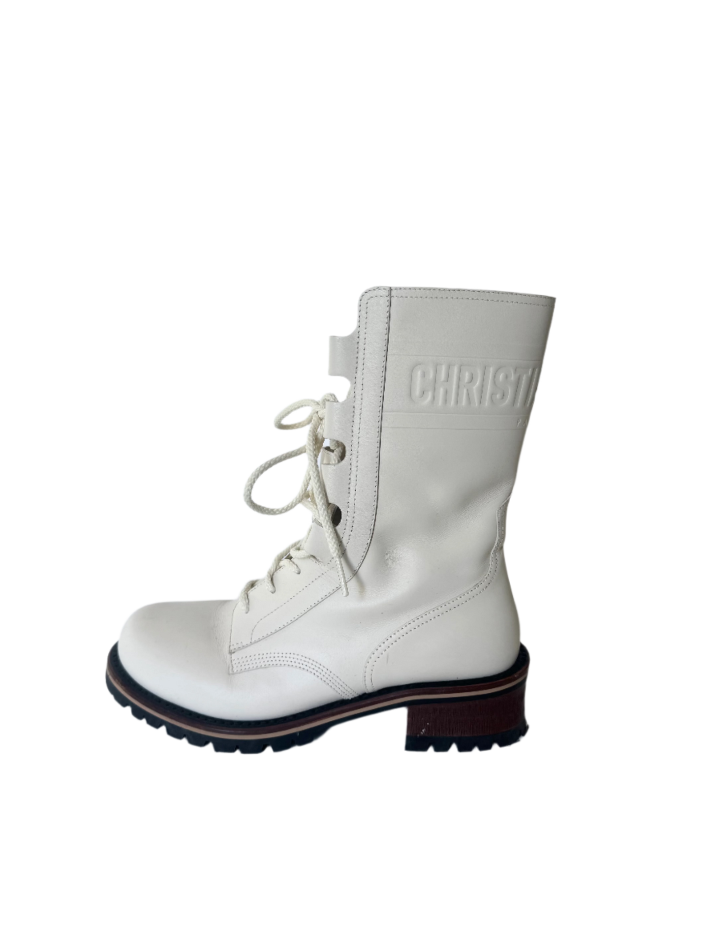 Christian Dior Off-White Cream Leather Lace-Up Boots Size 38