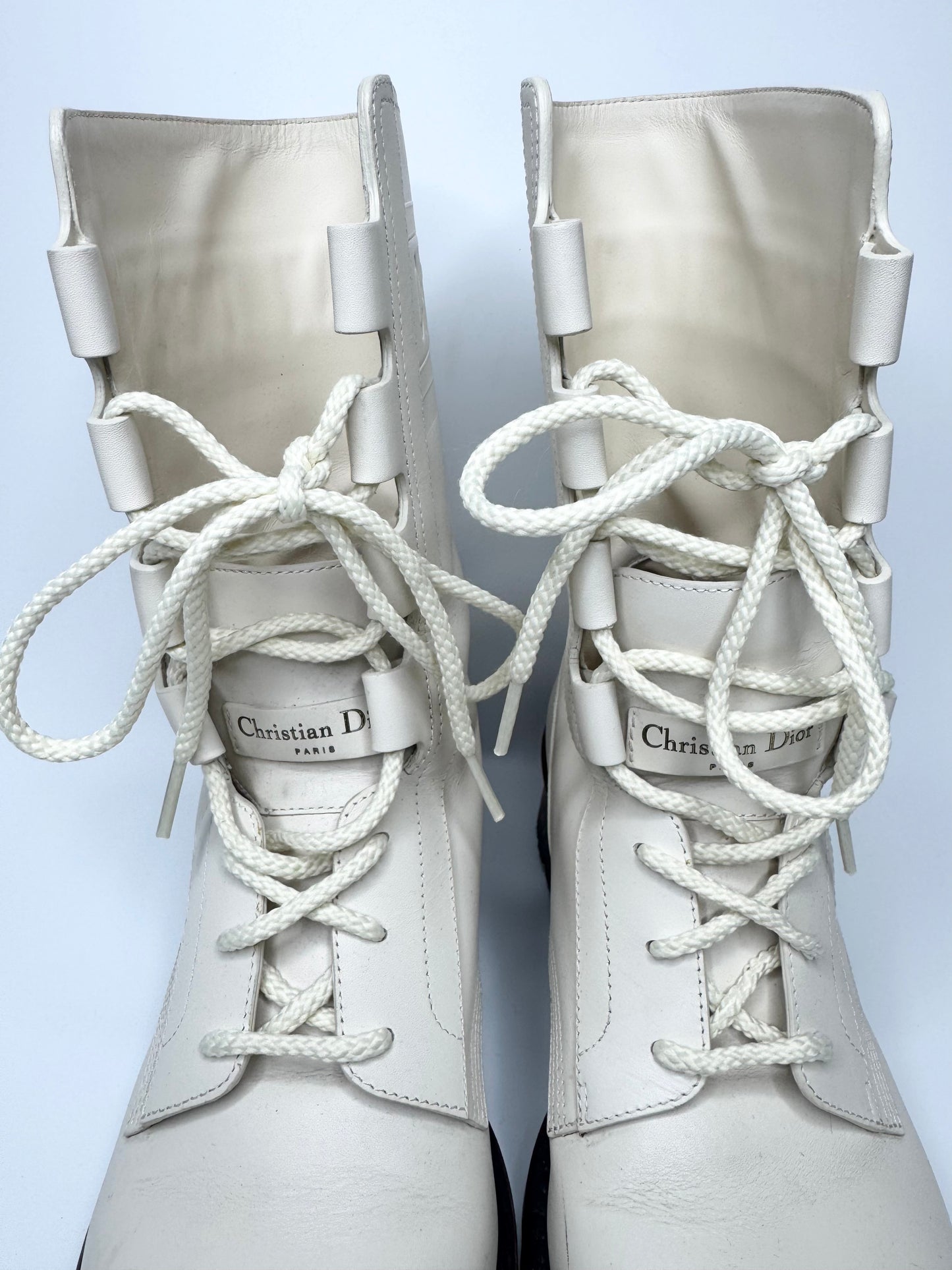 Christian Dior Off-White Cream Leather Lace-Up Tall Boots Size 38 – Italian Elegance