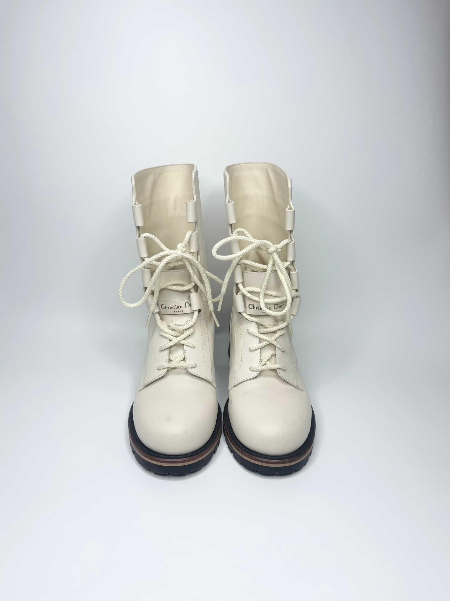 Christian Dior Off-White Cream Leather Lace-Up Boots