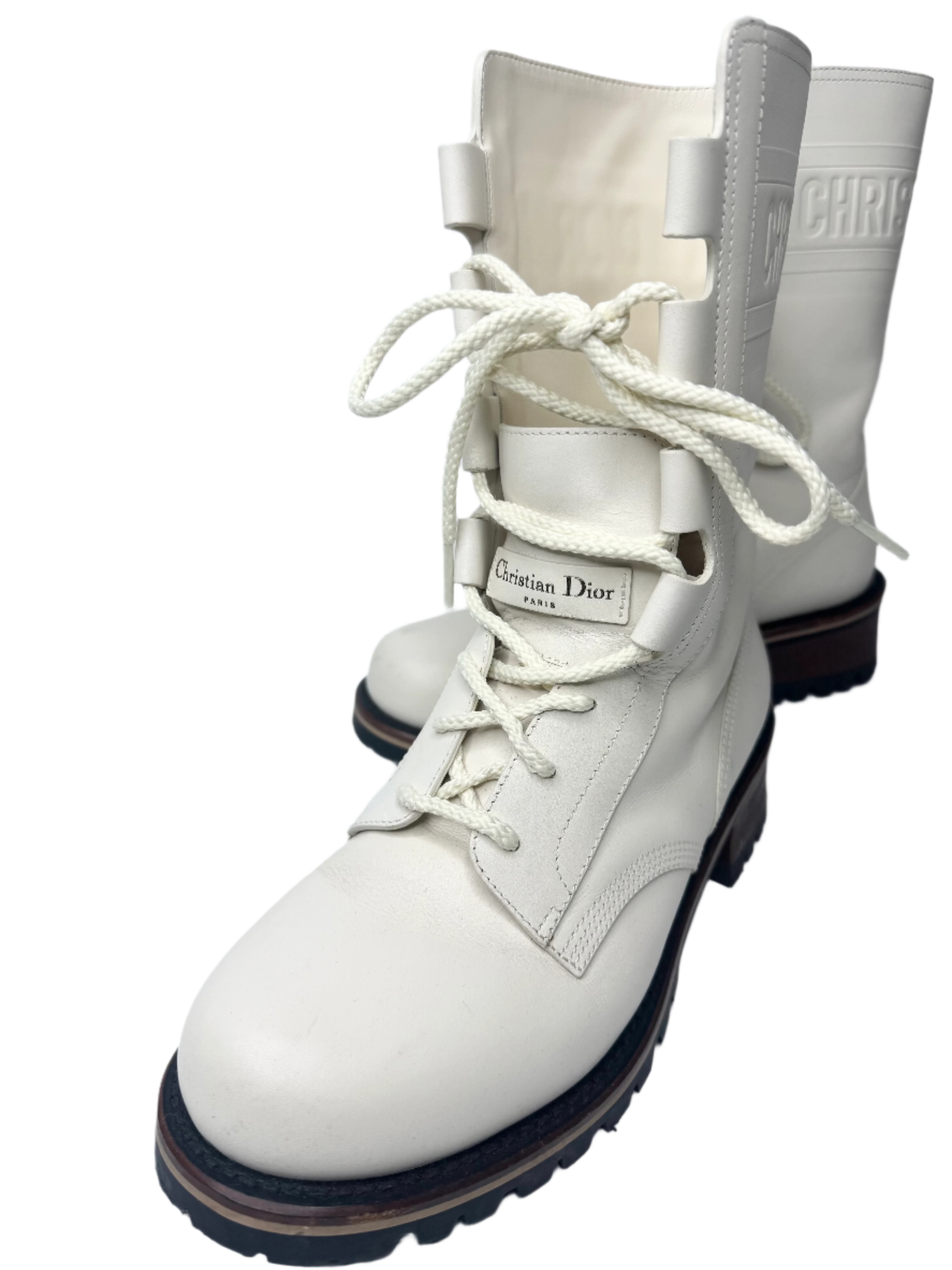 Christian Dior Off-White Cream Leather Lace-Up Boots Size 38