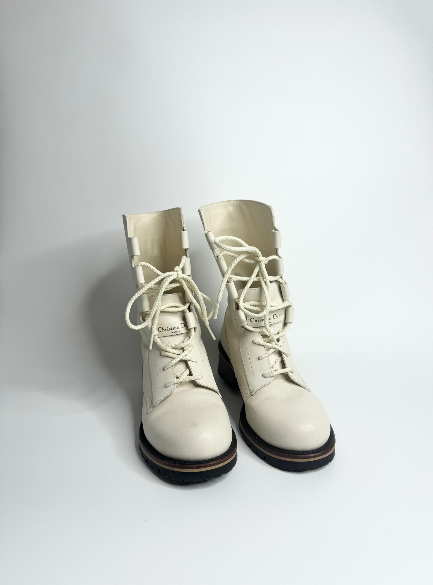 Christian Dior Off-White Cream Leather Lace-Up Tall Boots Size 38 – Italian Elegance