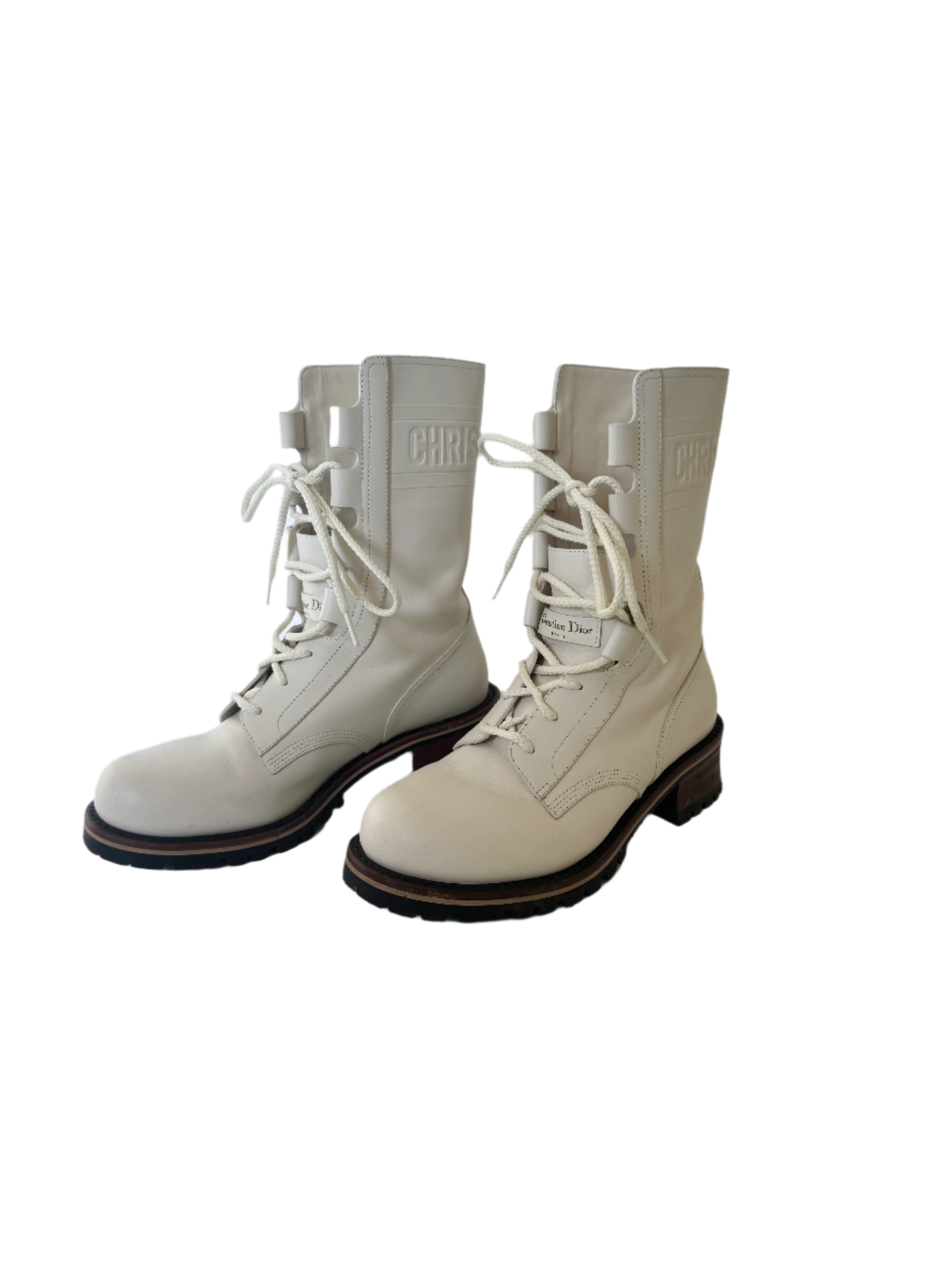 Christian Dior Off-White Cream Leather Lace-Up Boots Size 38