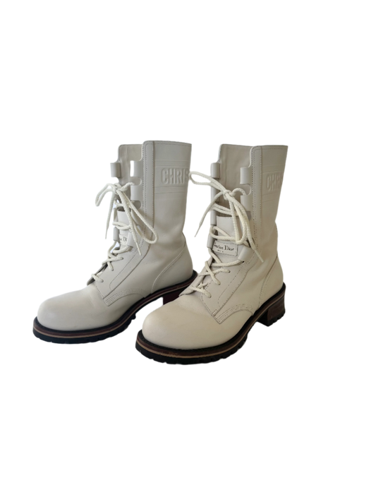 Christian Dior Off-White Cream Leather Lace-Up Boots Size 38