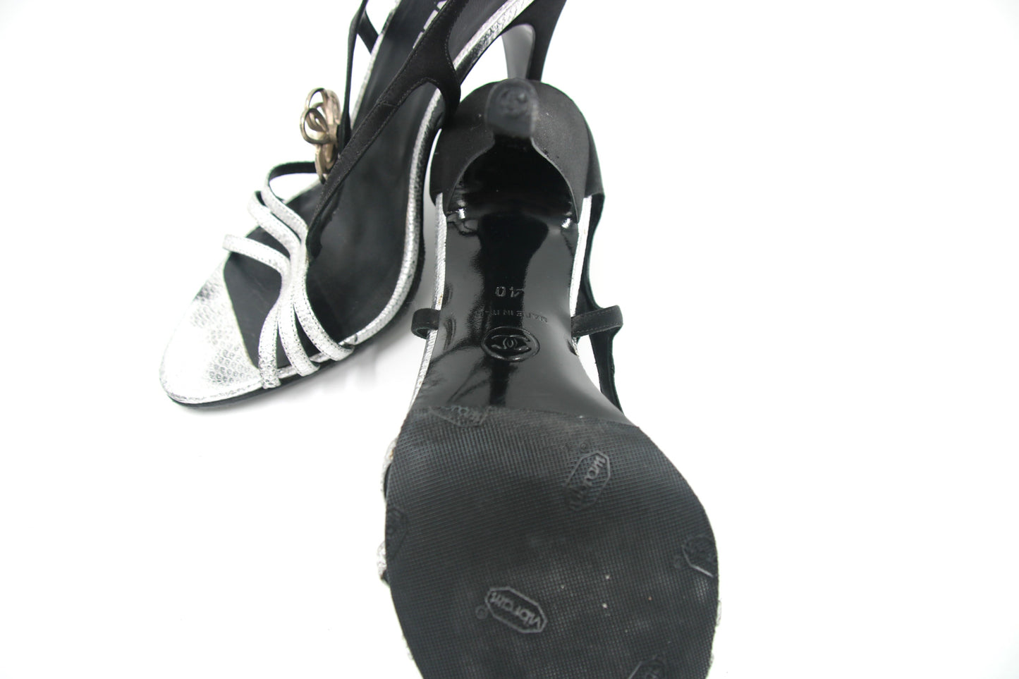 CHANEL Black/Silver Satin Ankle Strap Sandals