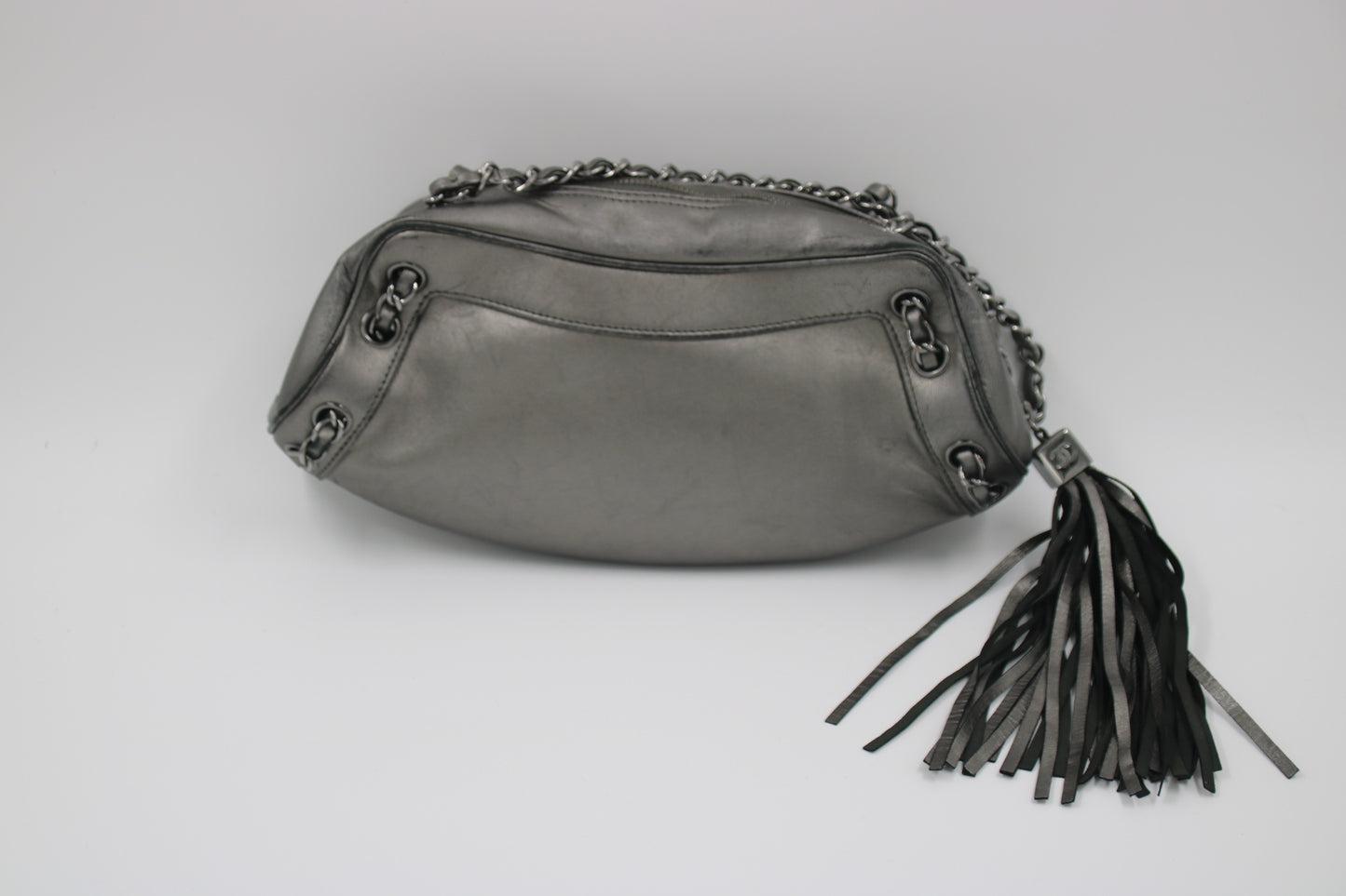 CHANEL Metallic Grey Leather Tassel Evening Bag
