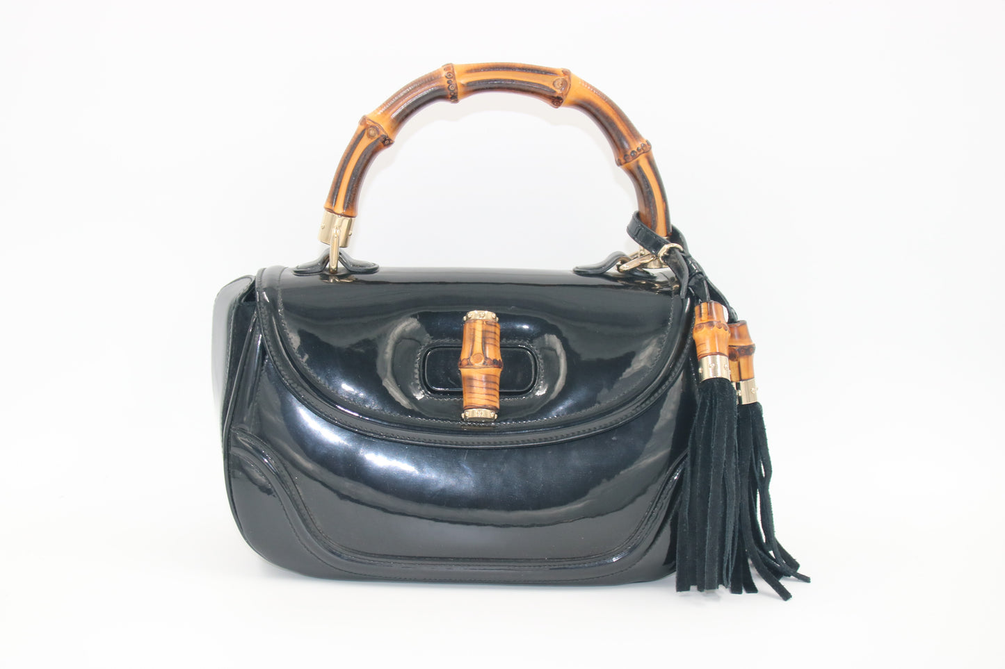 GUCCI Black Patent Leather New Bamboo Top Handle Bag