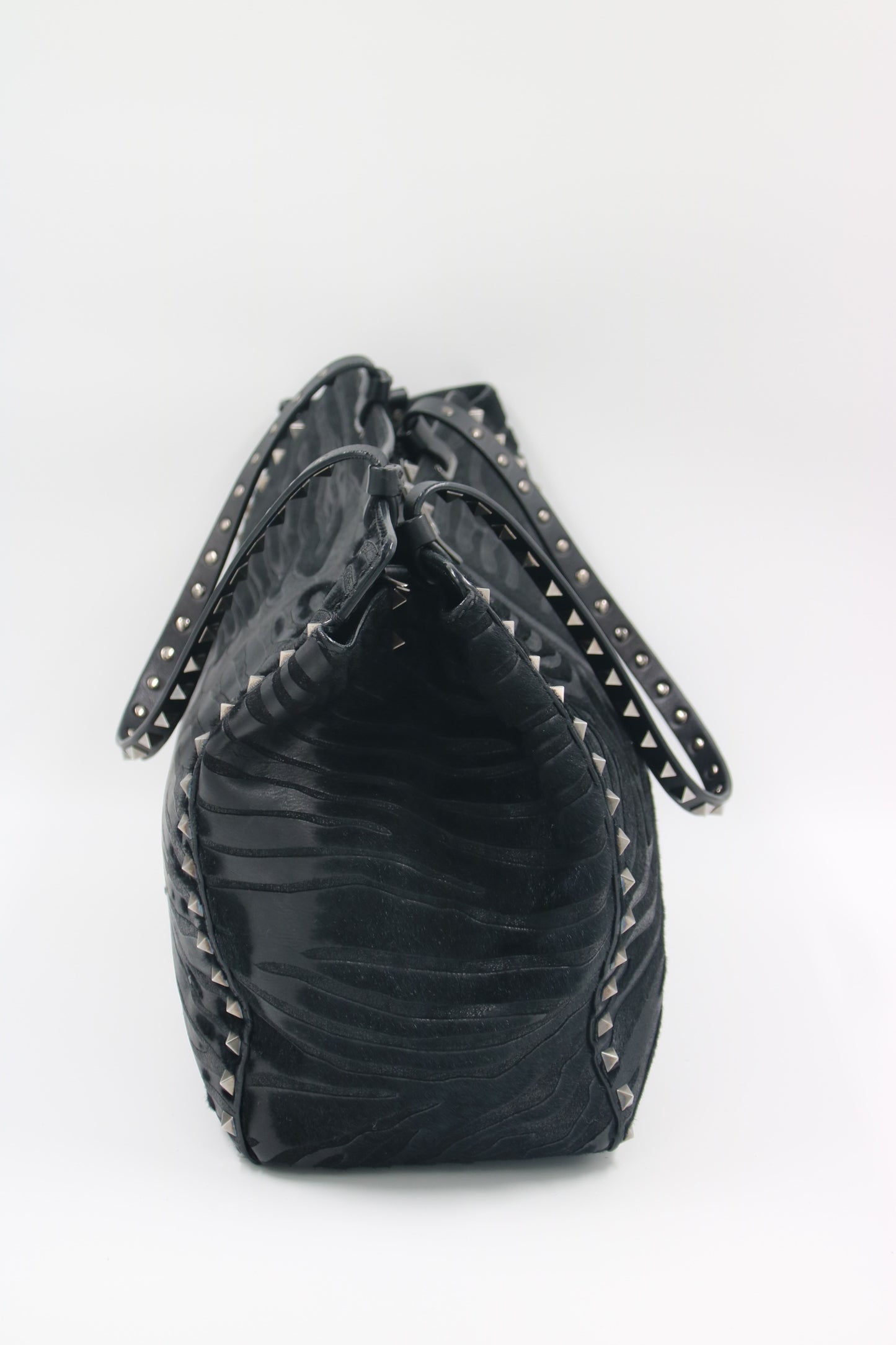 VALENTINO Noir Calf Hair Rockstud Tote Black Bag