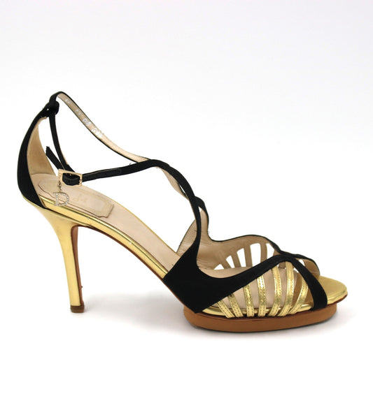 CHRISTIAN DIOR Black and Gold High Heel Leather Sandal Size 39.5