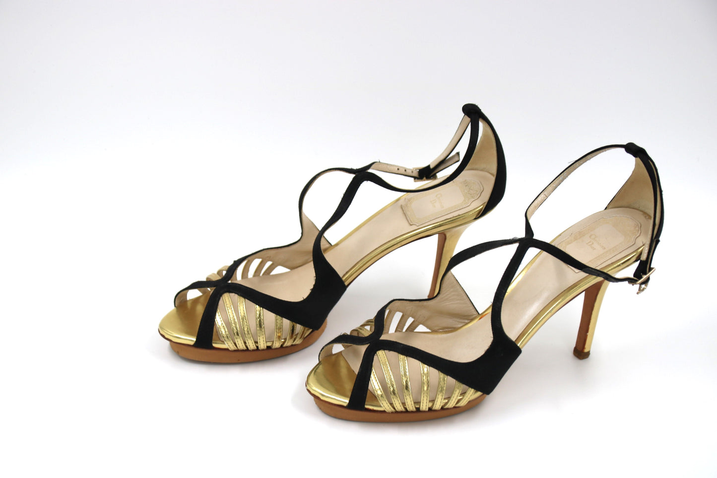 CHRISTIAN DIOR Черно-золотые кожаные сандалии на высоком каблуке