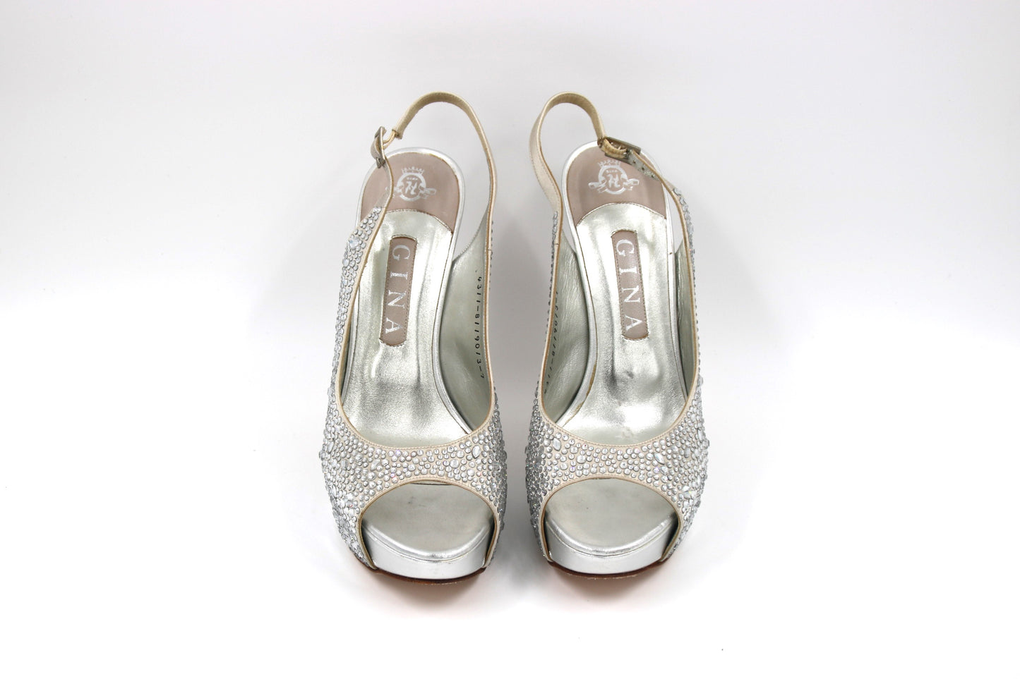 GINA Silver Satin Crystal Embellished Peep Toe Platform Slingback Sandals Size 7 UK