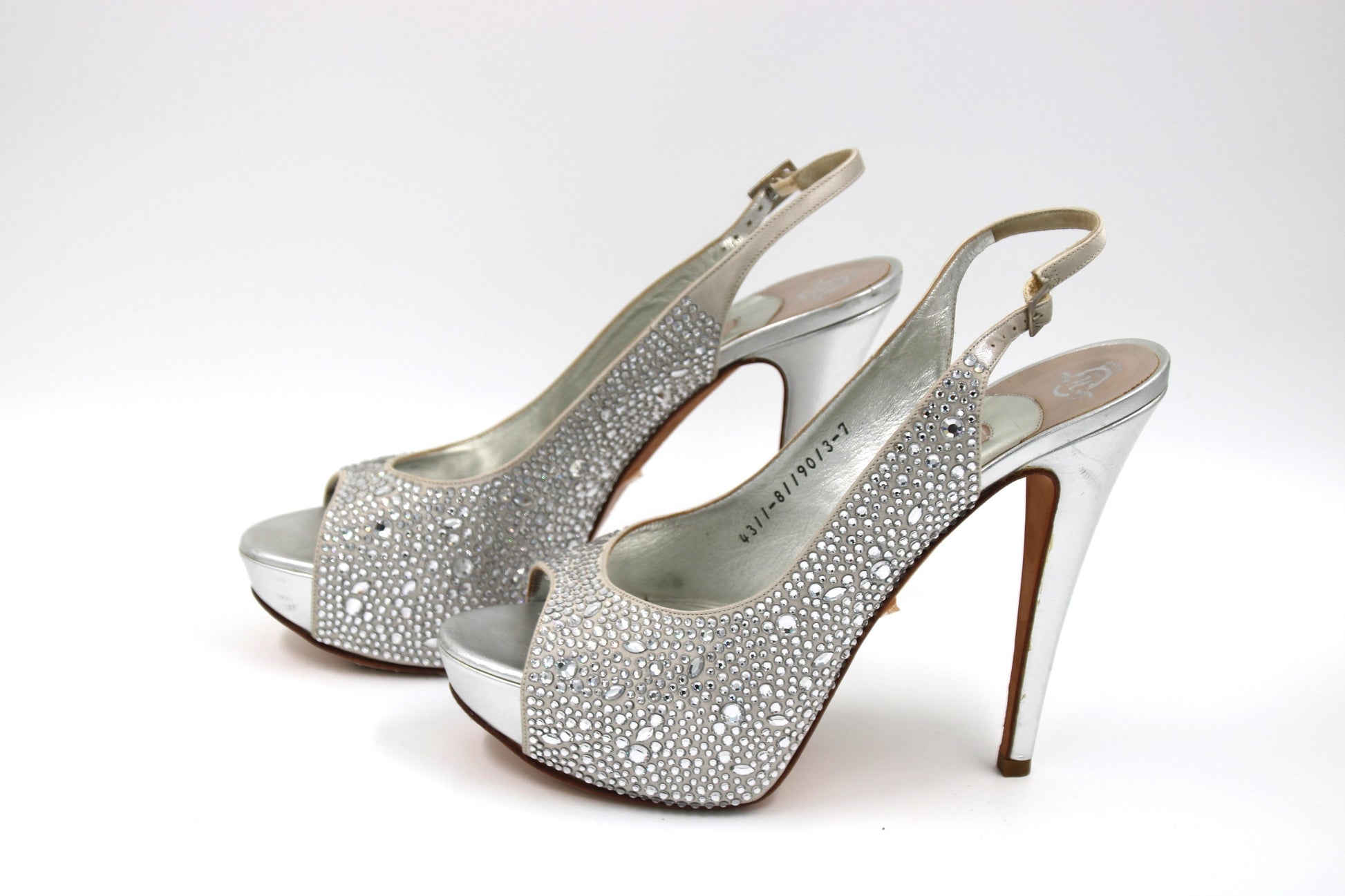 GINA Silver Satin Crystal Embellished Peep Toe Platform Slingback Sandals