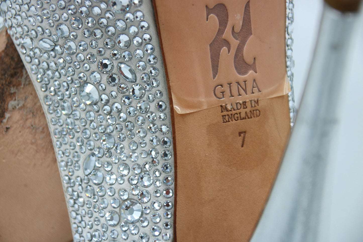 GINA Silver Satin Crystal Embellished Peep Toe Platform Slingback Sandals
