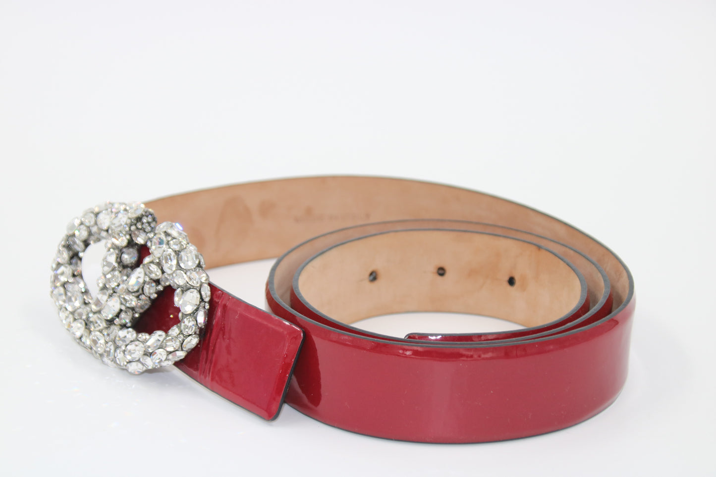 VALENTINO CARAVANI Burgundy Patent Leather Belt – 85CM with Crystals & Iconic Logo